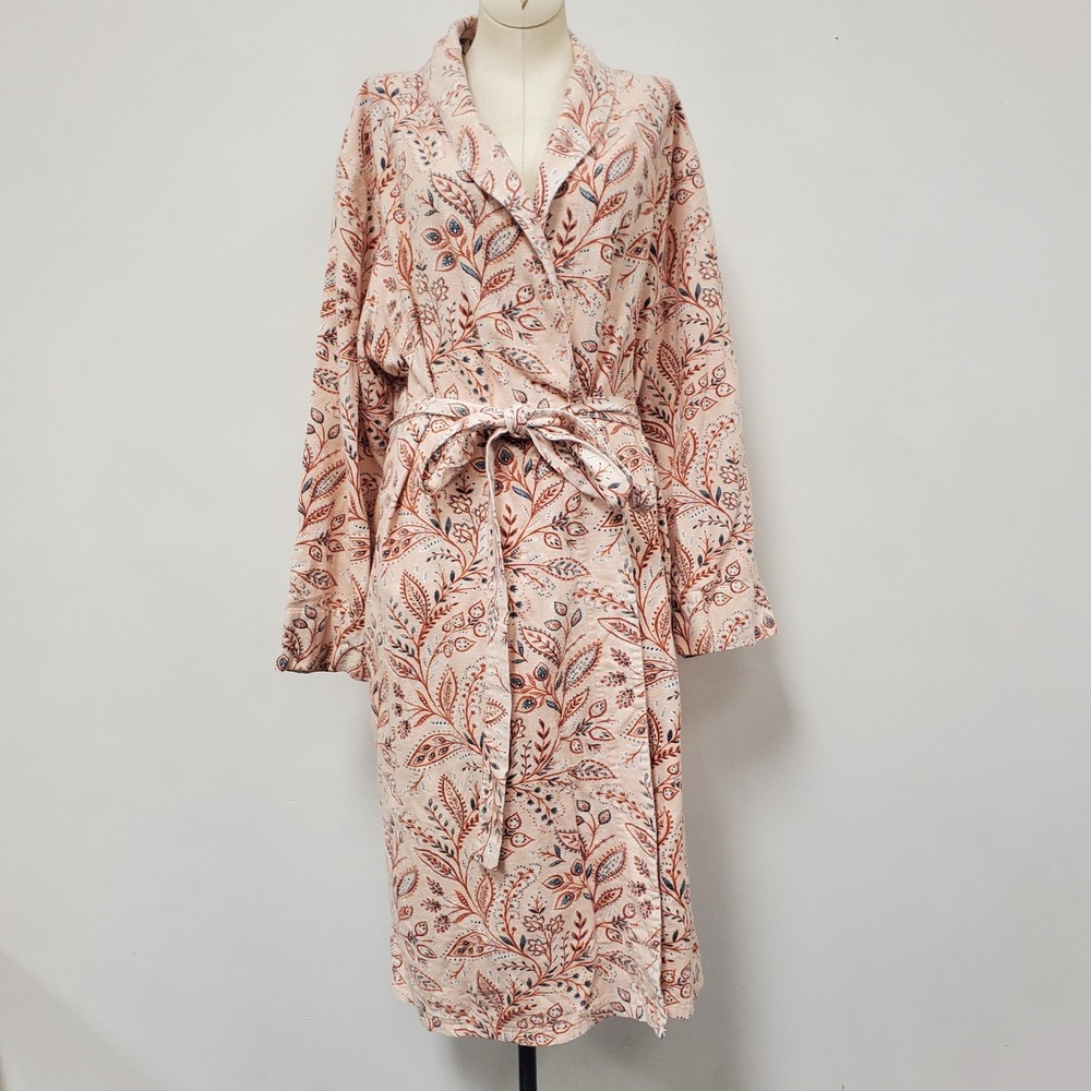 Garnet Hill Organic Cotton Robe Size XL Floral Long Pink Tie Long Sleeve Pockets